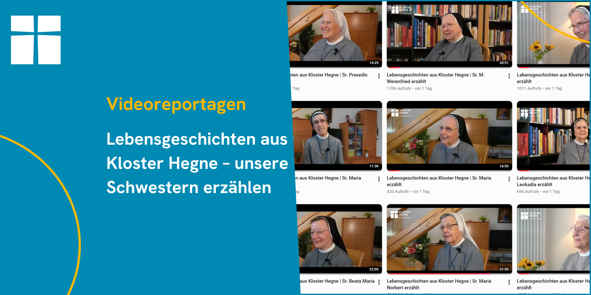 Videoreportagen ‚Lebensgeschichten aus Kloster Hegne – unsere Schwestern erzählen‘ mit Porträts verschiedener Kreuzschwestern aus ihren Videointerviews.